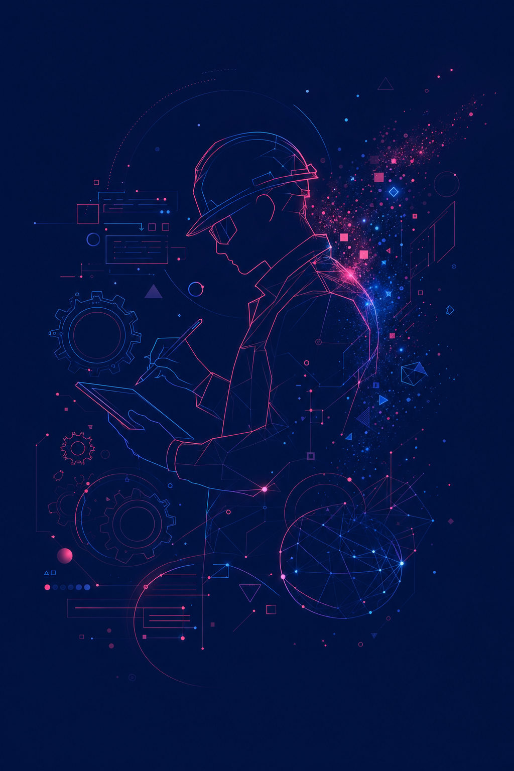Illustration of an engineer dissolving into a field of code, gears, and data particles
